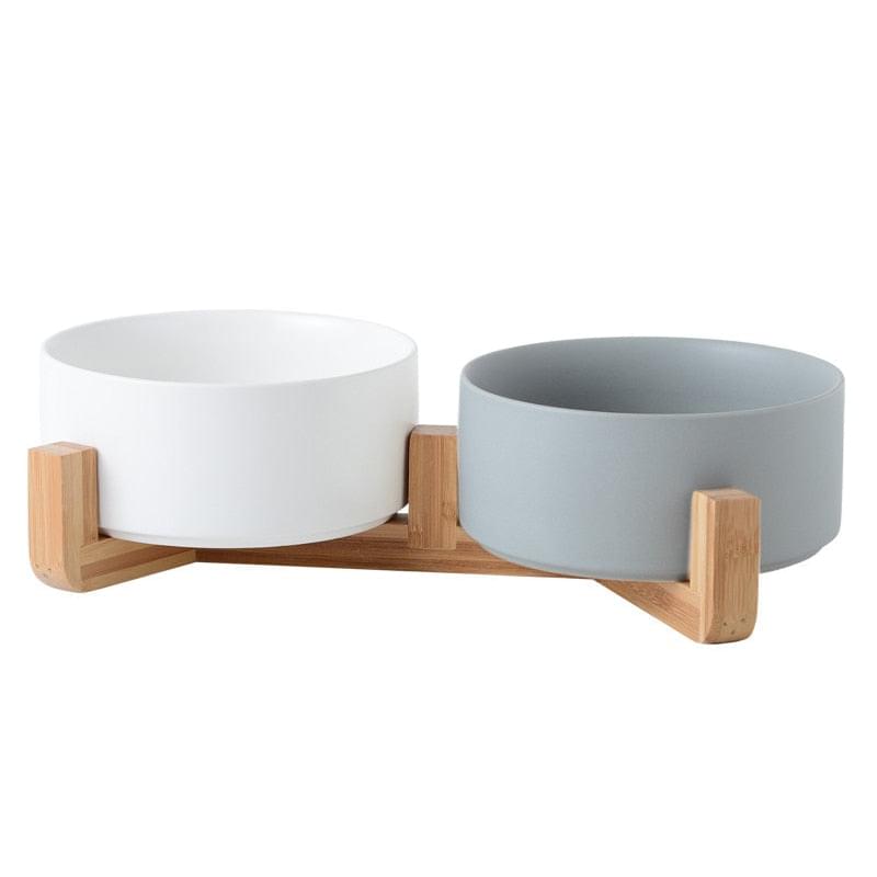 Ceramic Feeding Dog Food and Water Bowl, with wooden stand