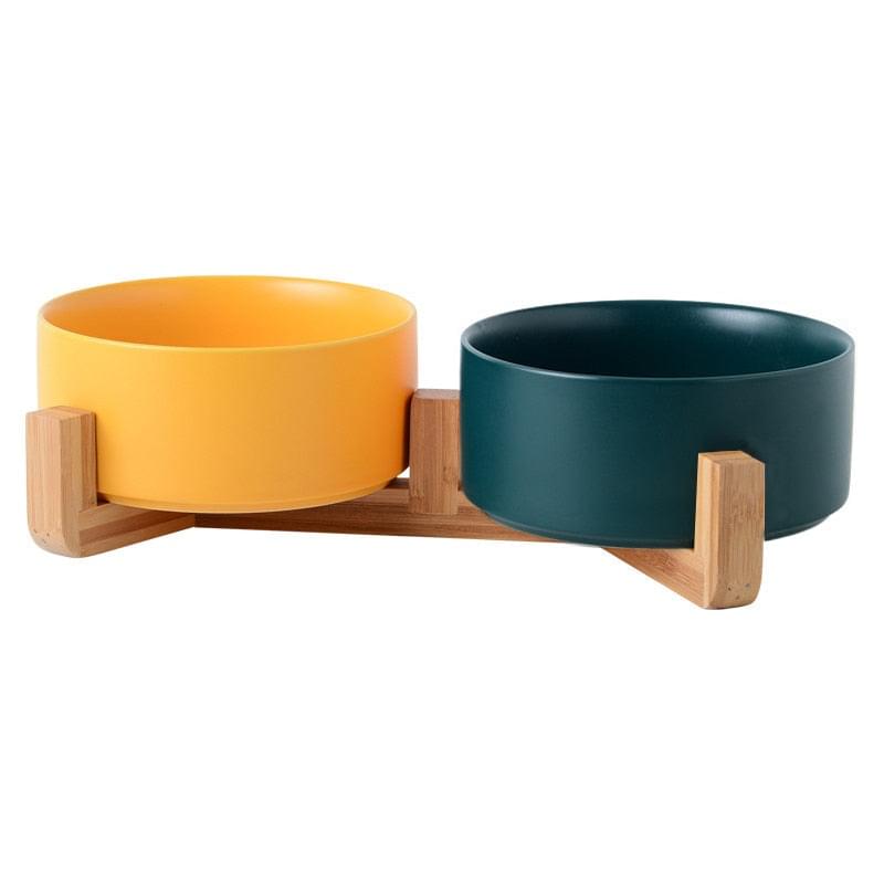 Ceramic Feeding Dog Food and Water Bowl, with wooden stand