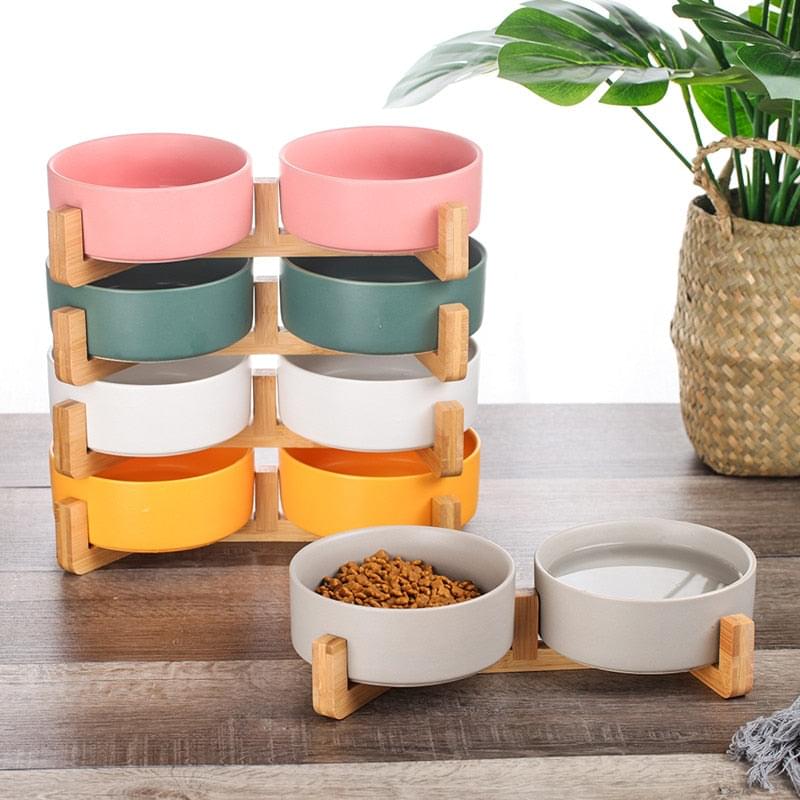 Ceramic Dog Bowl, with Wood Stand, For Food and Water