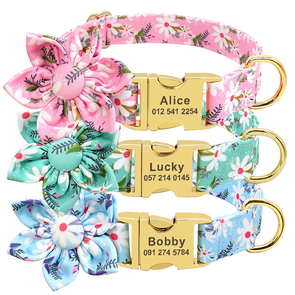 Flower Print Dog Collar And Leash Set, Personalized buckle, For Small to Large breeds