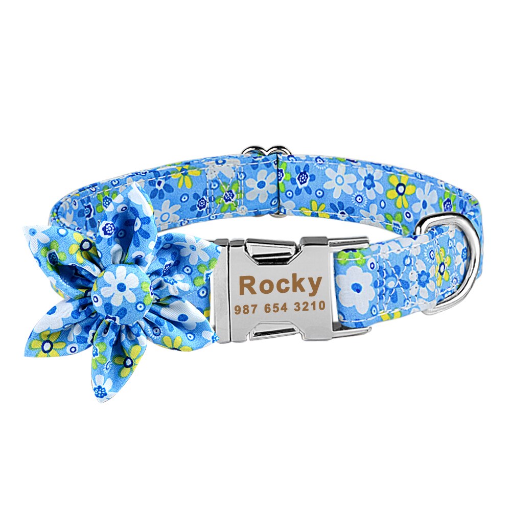 Personalized Dog Collar, With Flower Engraved on buckle, for small to extra large breeds