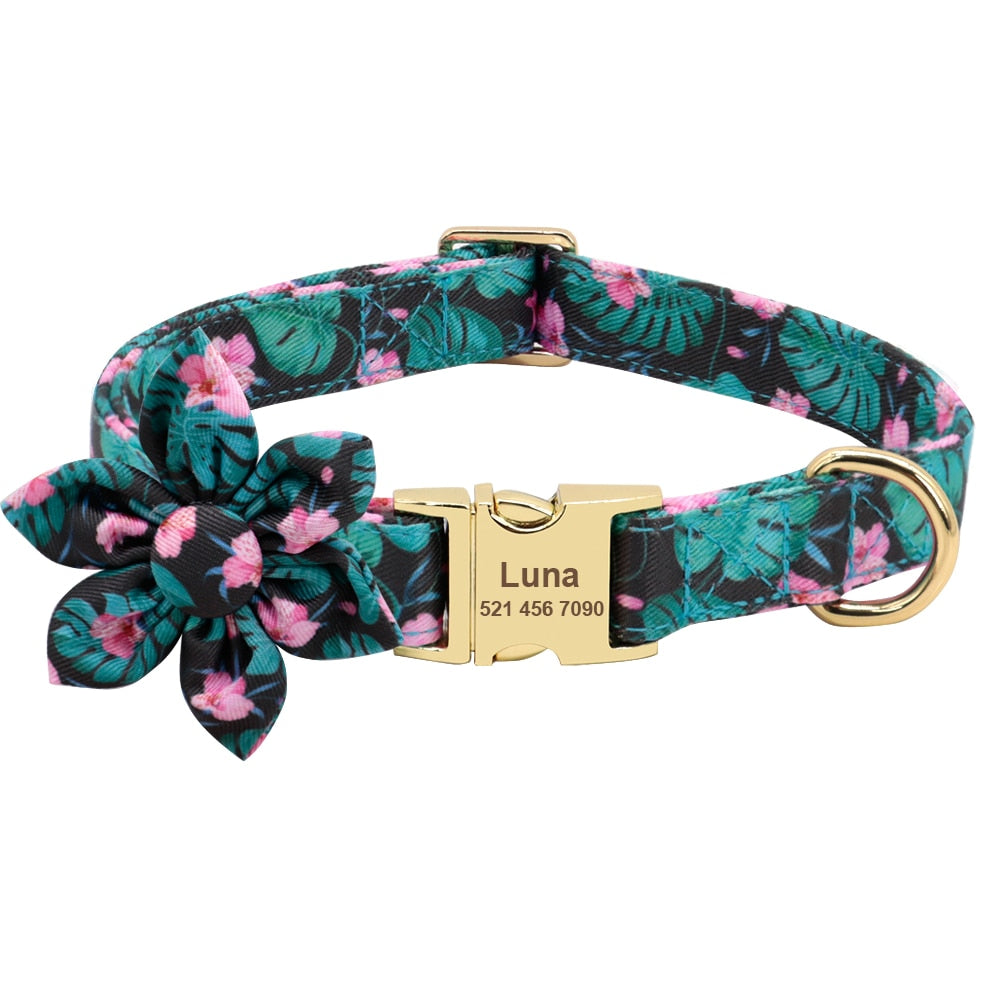 Personalized flower dog collar,with custom engraveing,for small to large breeds