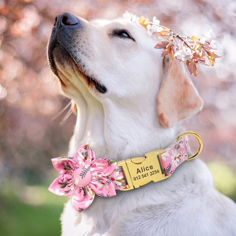 Flower Print Dog Collar And Leash Set, Personalized buckle, For Small to Large breeds