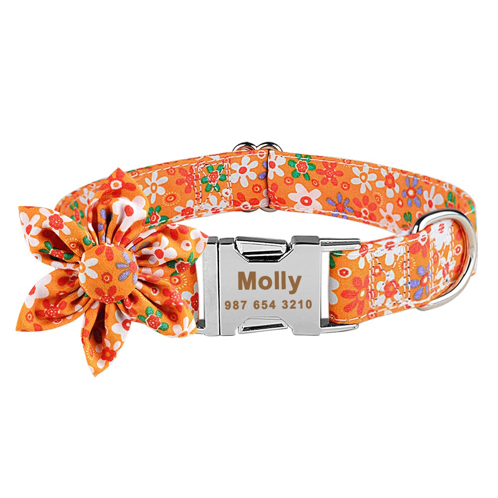 Personalized Dog Collar, With Flower Engraved on buckle, for small to extra large breeds