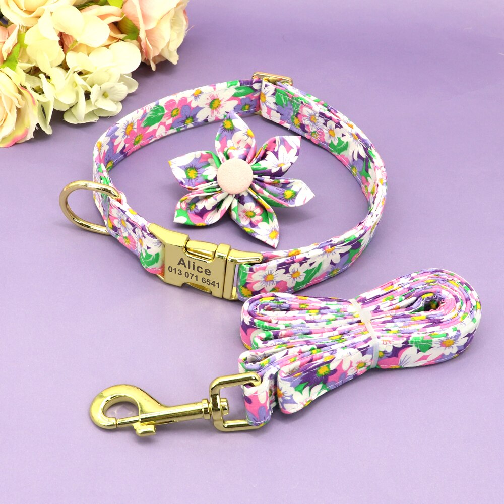 Personalized flower Dog Collar and Leash Set, for small to Large breeds