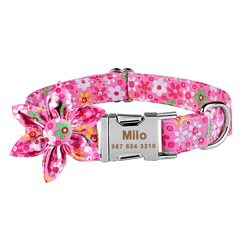 Personalized Dog Collar, With Flower Engraved on buckle, for small to extra large breeds