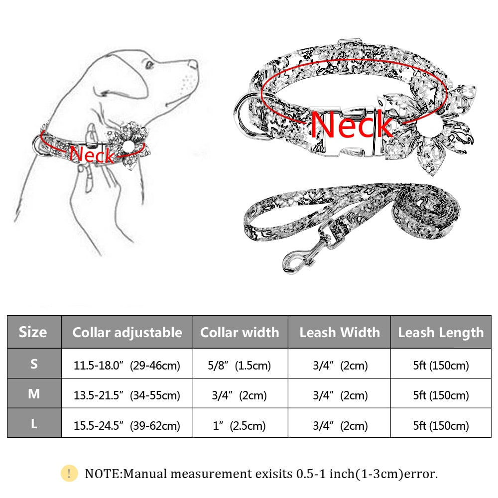 Personalized flower Dog Collar and Leash Set, for small to Large breeds