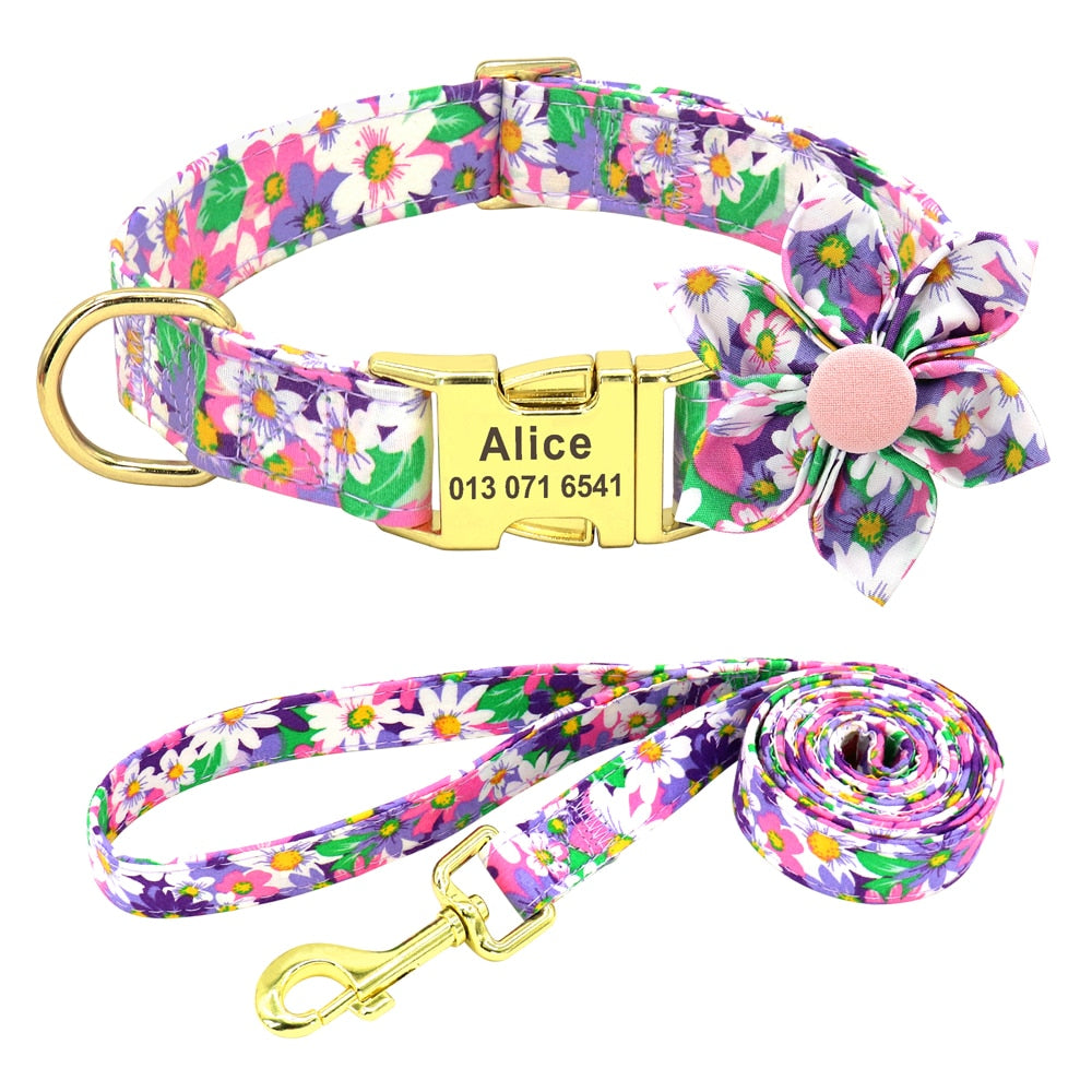 Personalized flower Dog Collar and Leash Set, for small to Large breeds