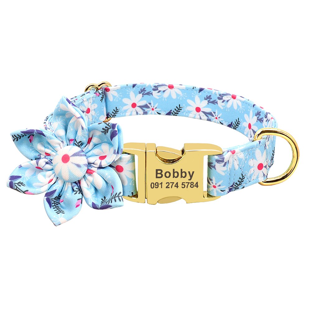 Flower Print Dog Collar And Leash Set, Personalized buckle, For Small to Large breeds