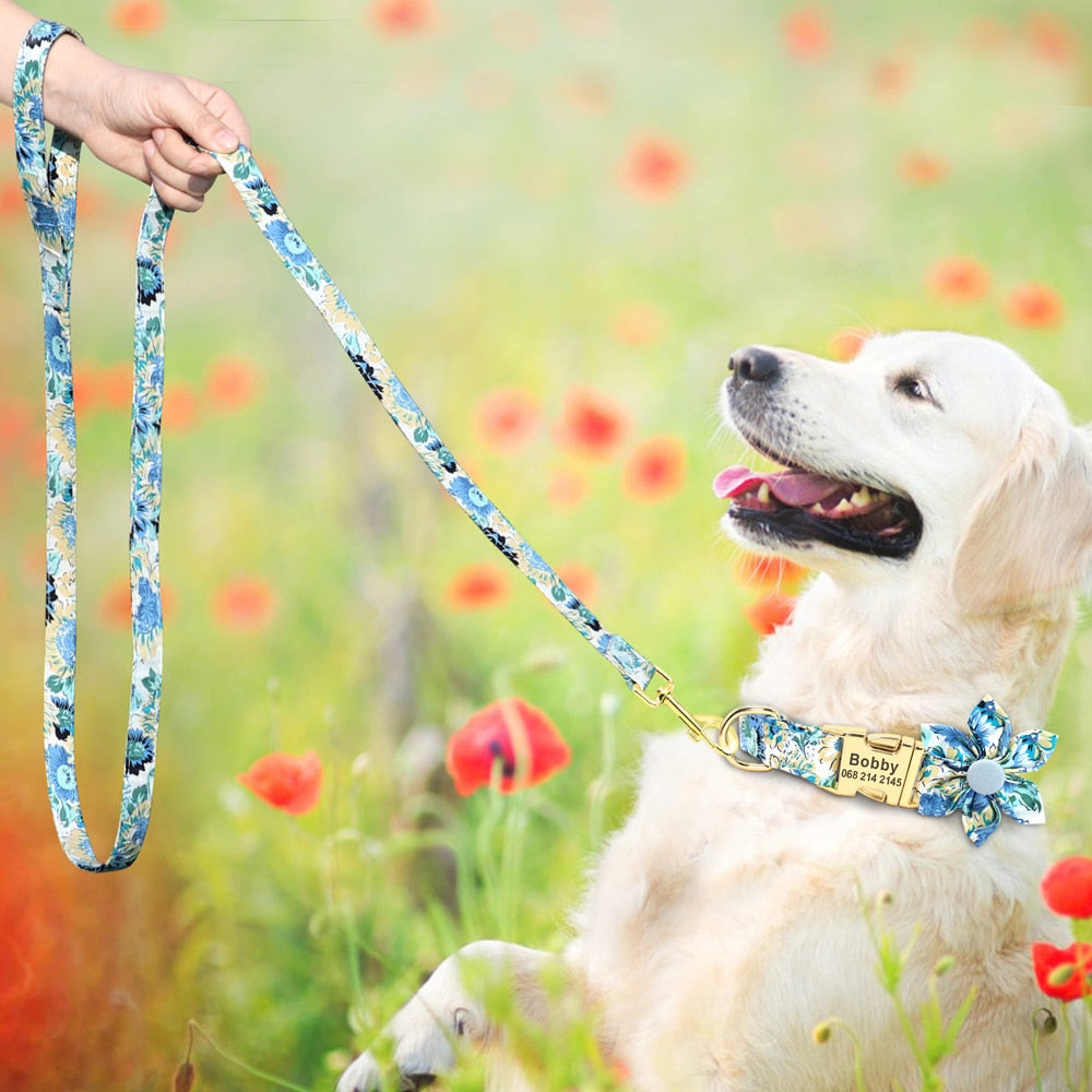 Personalized flower Dog Collar and Leash Set, for small to Large breeds