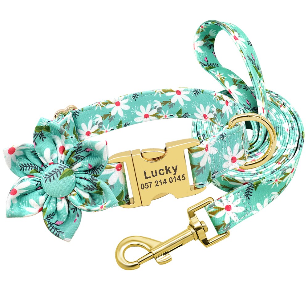 Flower Print Dog Collar And Leash Set, Personalized buckle, For Small to Large breeds