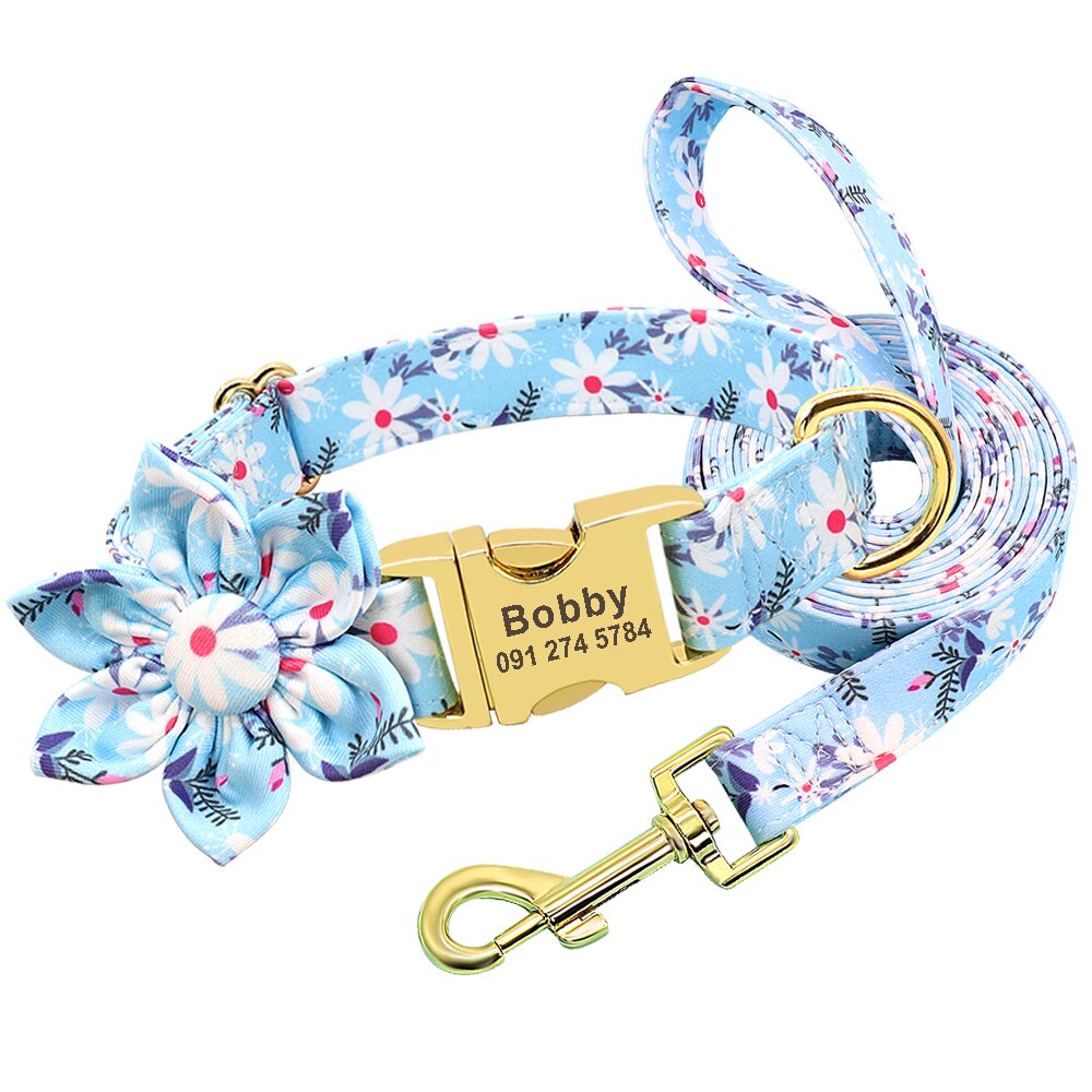 Flower Print Dog Collar And Leash Set, Personalized buckle, For Small to Large breeds