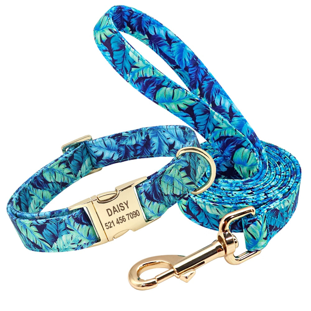 Personalized Dog Collar and Leash Set, with engraving on buckle, for small to Large breeds