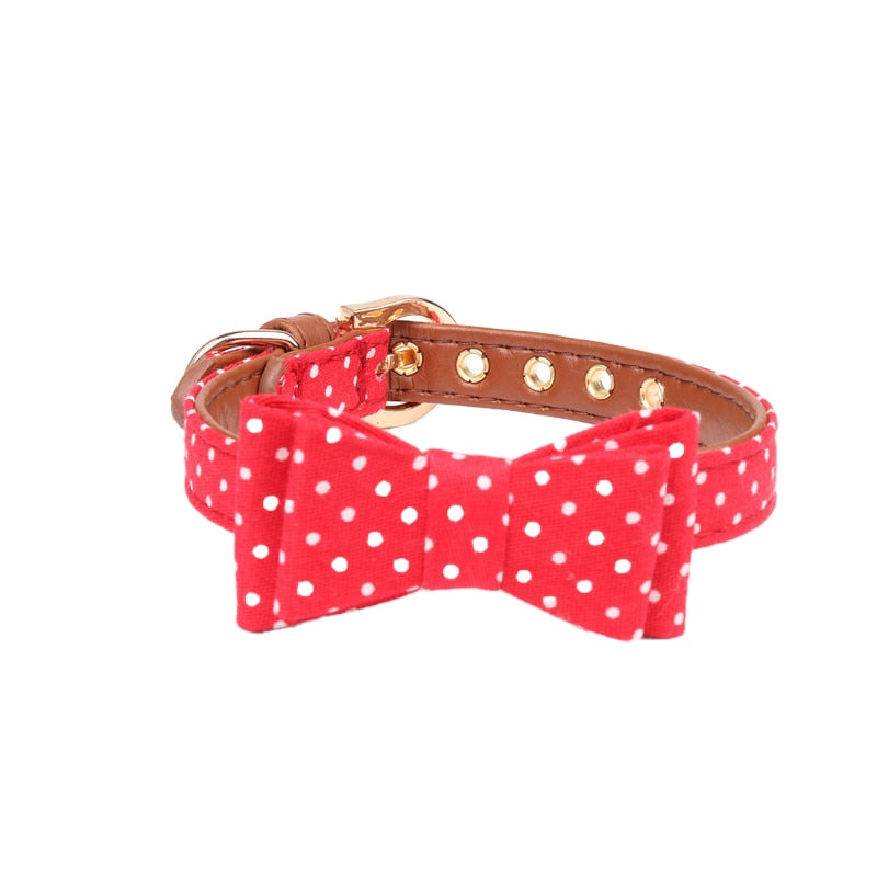 Dotted Dog Collar with bow, Bandana and Lead set