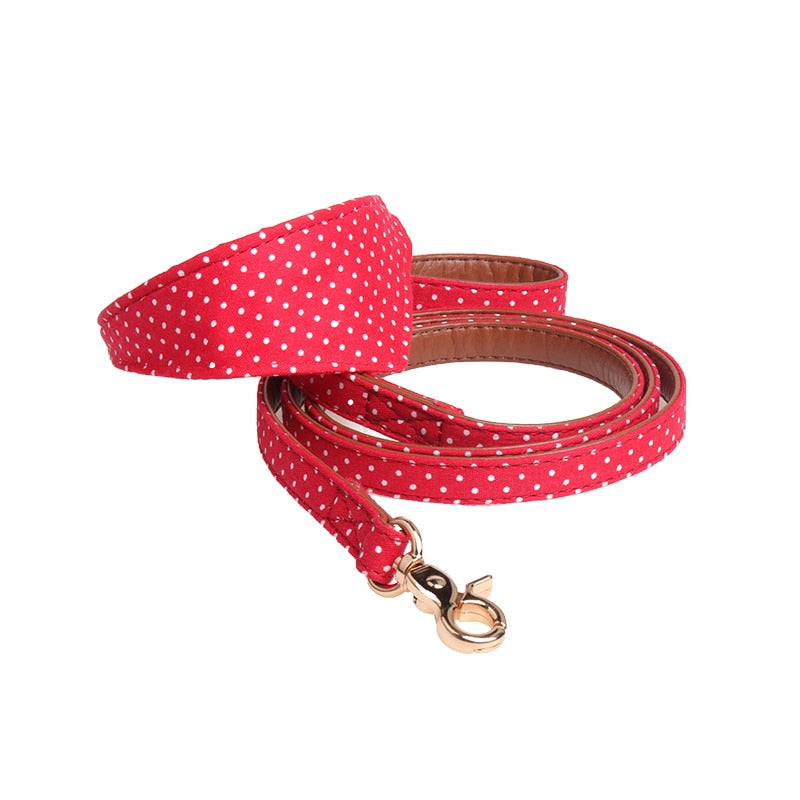 Dotted Dog Collar with bow, Bandana and Lead set