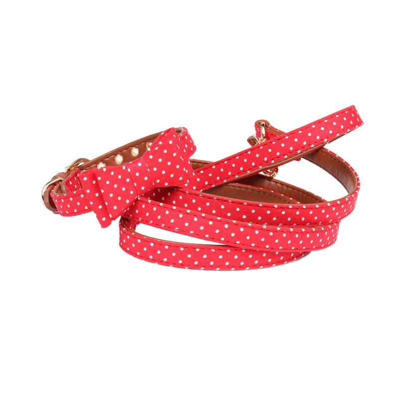 Dotted Dog Collar with bow, Bandana and Lead set