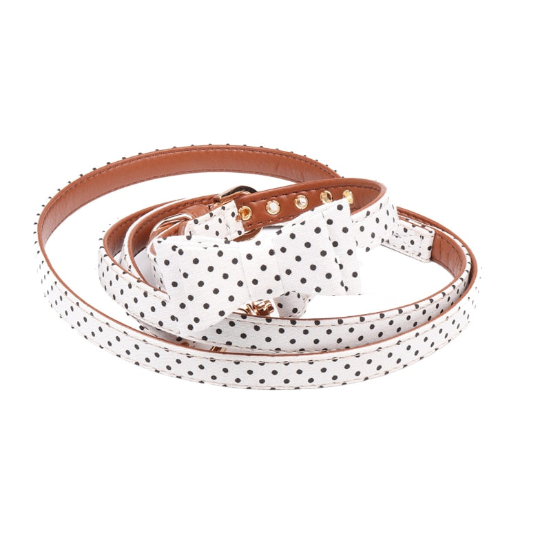 Dotted Dog Collar with bow, Bandana and Lead set