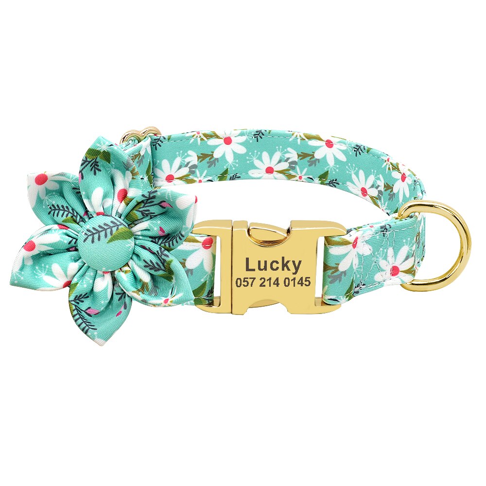 Flower Print Dog Collar And Leash Set, Personalized buckle, For Small to Large breeds