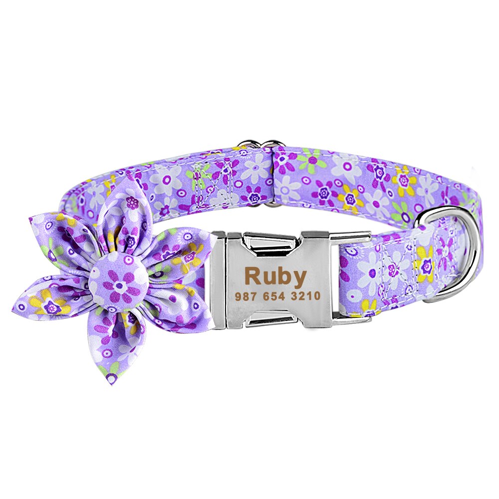 Personalized Dog Collar, With Flower Engraved on buckle, for small to extra large breeds