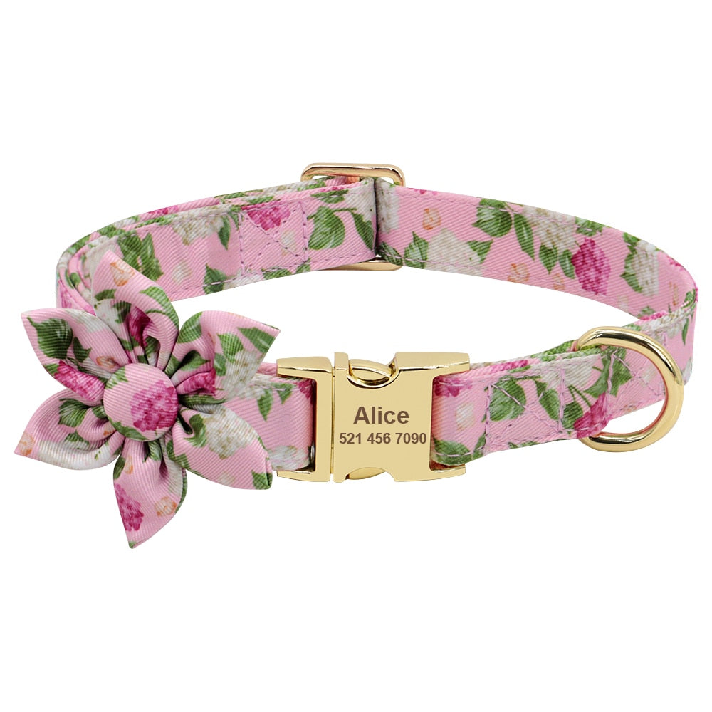 Personalized flower dog collar,with custom engraveing,for small to large breeds