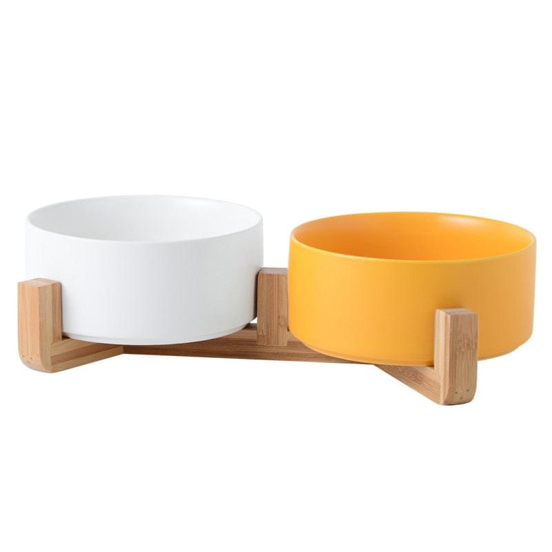 Ceramic Feeding Dog Food and Water Bowl, with wooden stand