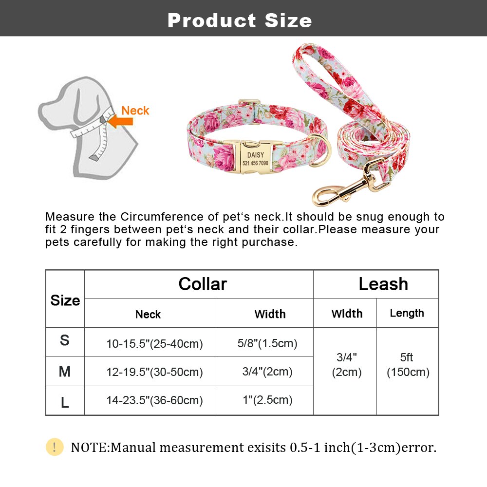 Personalized Dog Collar and Leash Set, with engraving on buckle, for small to Large breeds