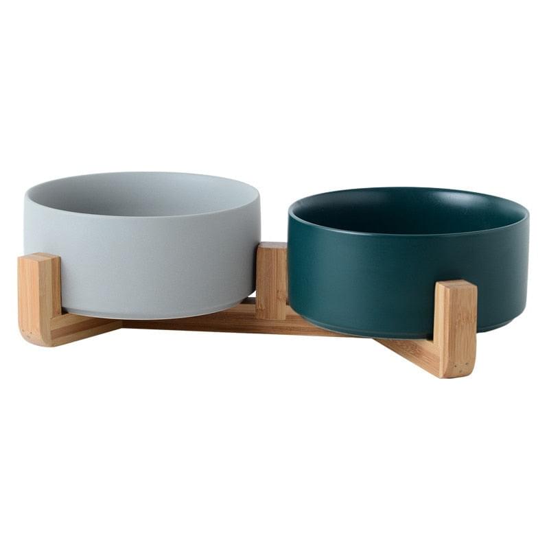 Ceramic Feeding Dog Food and Water Bowl, with wooden stand