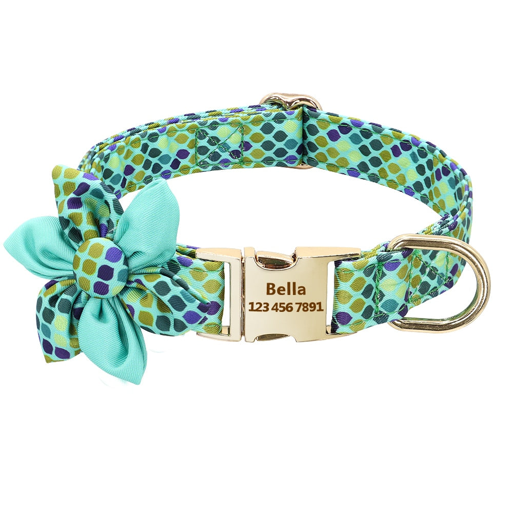 Personalized Dog Collar, With Flower, Small to Large breeds