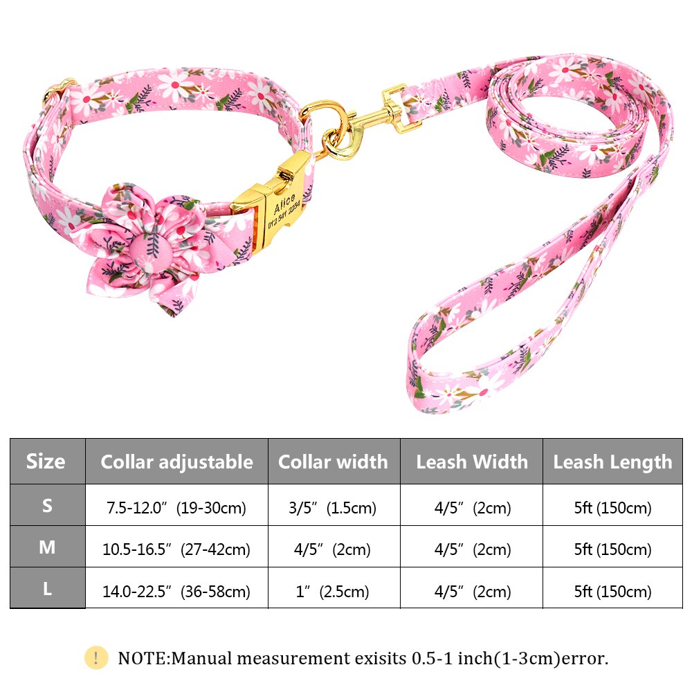 Flower Print Dog Collar And Leash Set, Personalized buckle, For Small to Large breeds