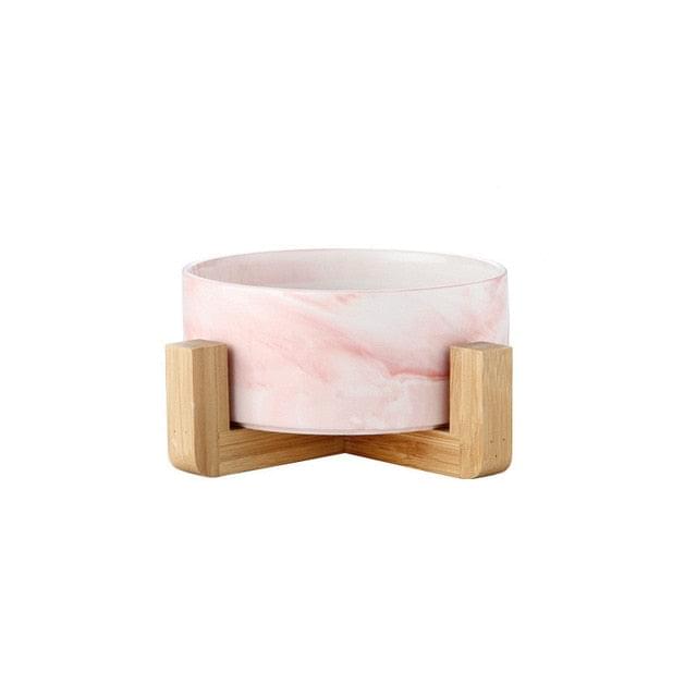 Ceramic Marble Dog Bowl with Wooden Shelf, For Feeding and Drinkin