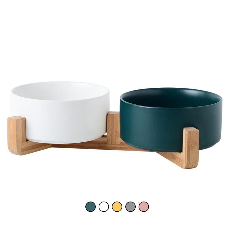 Ceramic Feeding Dog Food and Water Bowl, with wooden stand