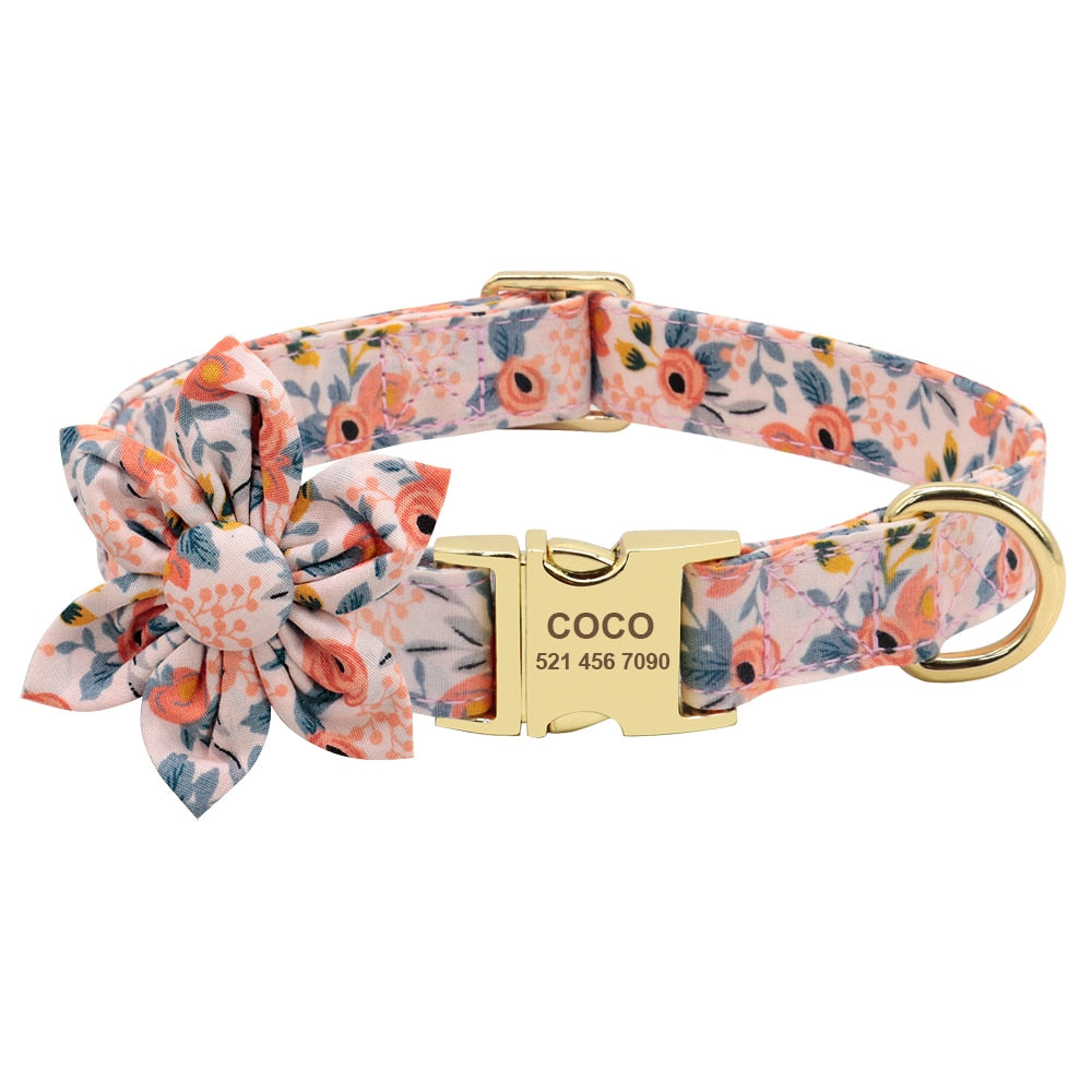 Personalized flower dog collar,with custom engraveing,for small to large breeds