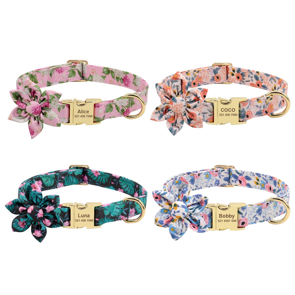 Personalized flower dog collar,with custom engraveing,for small to large breeds