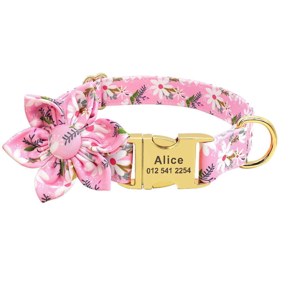 Flower Print Dog Collar And Leash Set, Personalized buckle, For Small to Large breeds