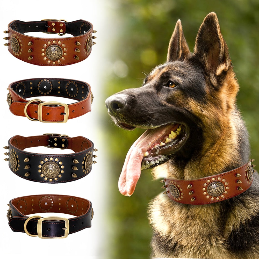 Leather Collars, Adjustable Spiked Studded for Medium to Large Dogs