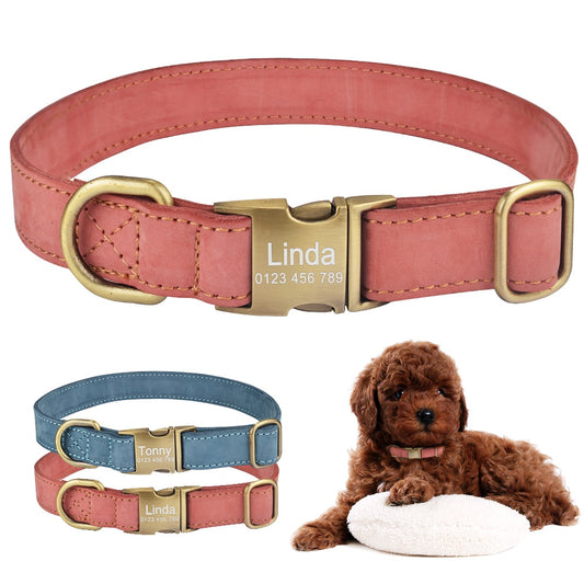 Leather puppy collar, personalized engraving on buckle, for small to large breeds