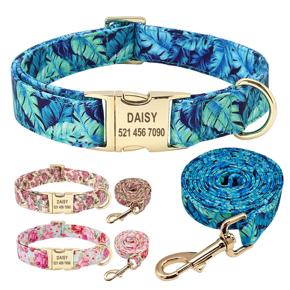 Personalized Dog Collar and Leash Set, with engraving on buckle, for small to Large breeds