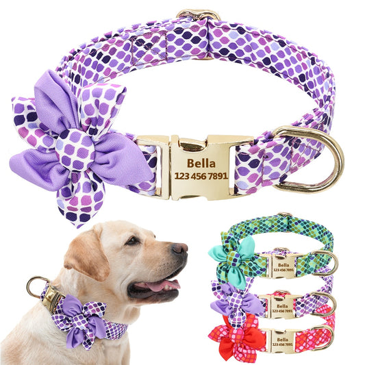 Personalized Dog Collar, With Flower, Small to Large breeds