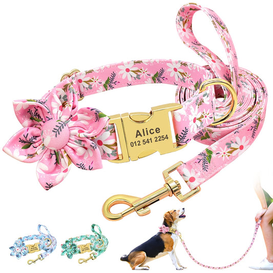 Flower Print Dog Collar And Leash Set, Personalized buckle, For Small to Large breeds