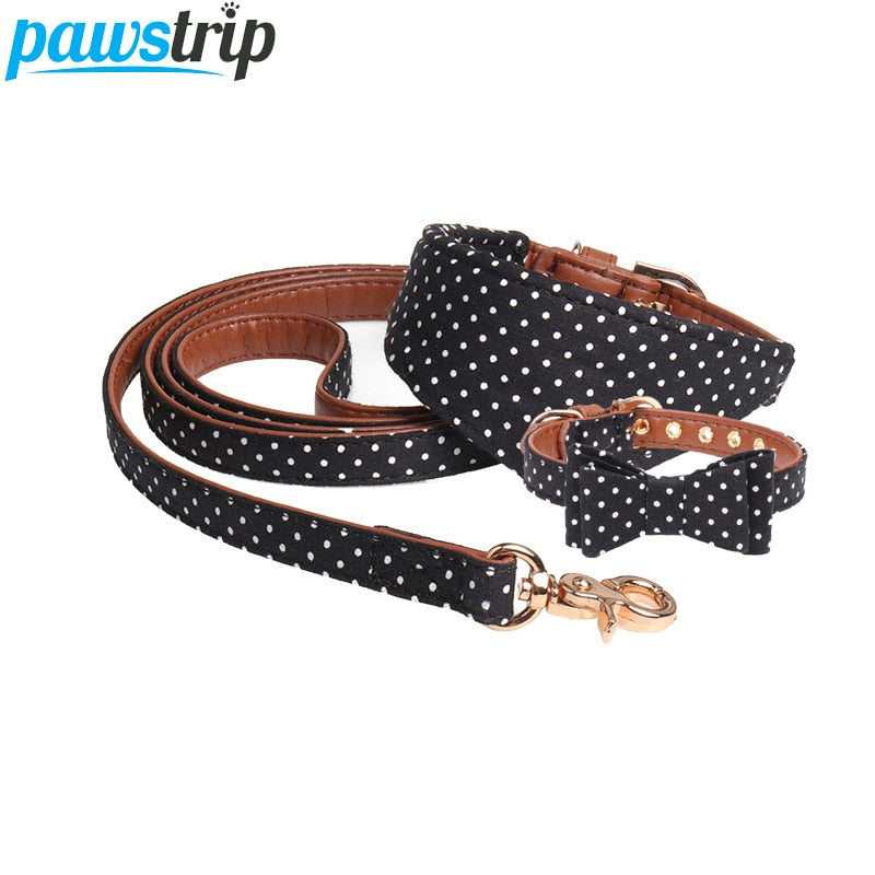 Dotted Dog Collar with bow, Bandana and Lead set