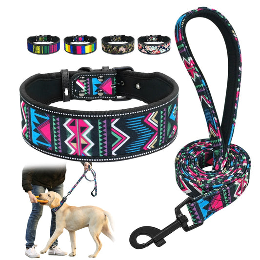 Padded Collar And Matching Lead Set, With Reflective srips, For small to Large breeds