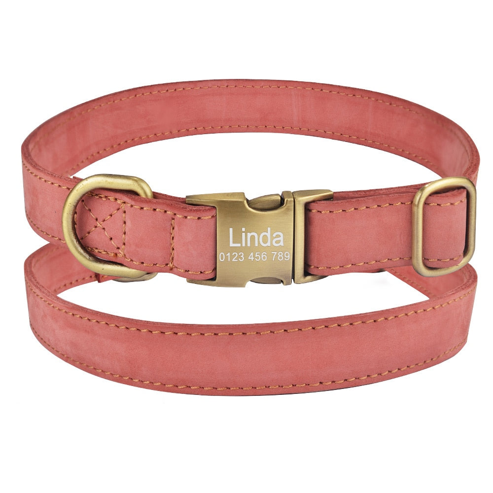 Leather puppy collar, personalized engraving on buckle, for small to large breeds