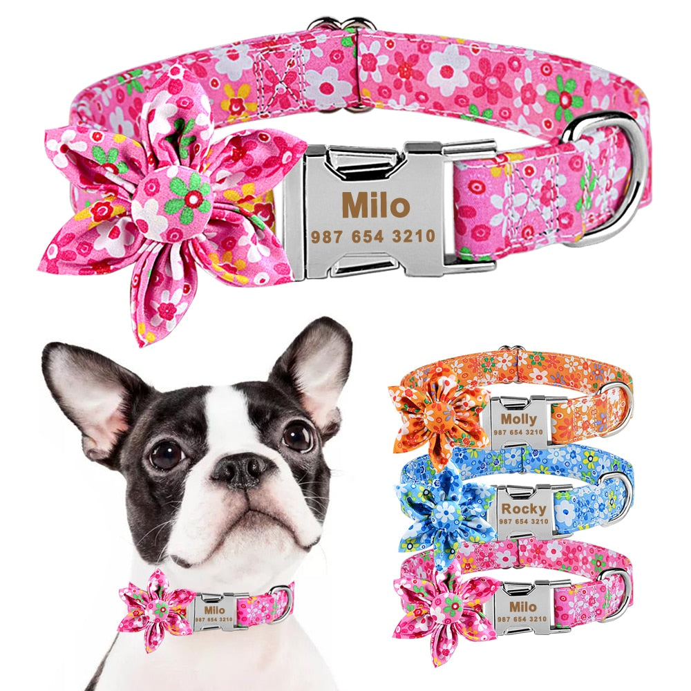 Personalized Dog Collar, With Flower Engraved on buckle, for small to extra large breeds