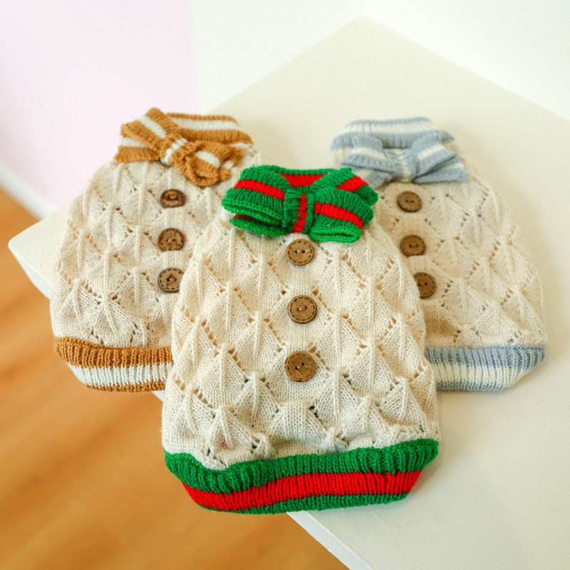 Small Knited Sweater, With Cute Bow and Button Desgin