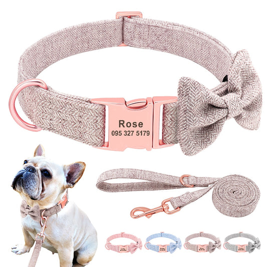 Personalized, High Quality Dog Collar, with Bowtie, Free Engraving, Collar and lead set, for small to large breeds