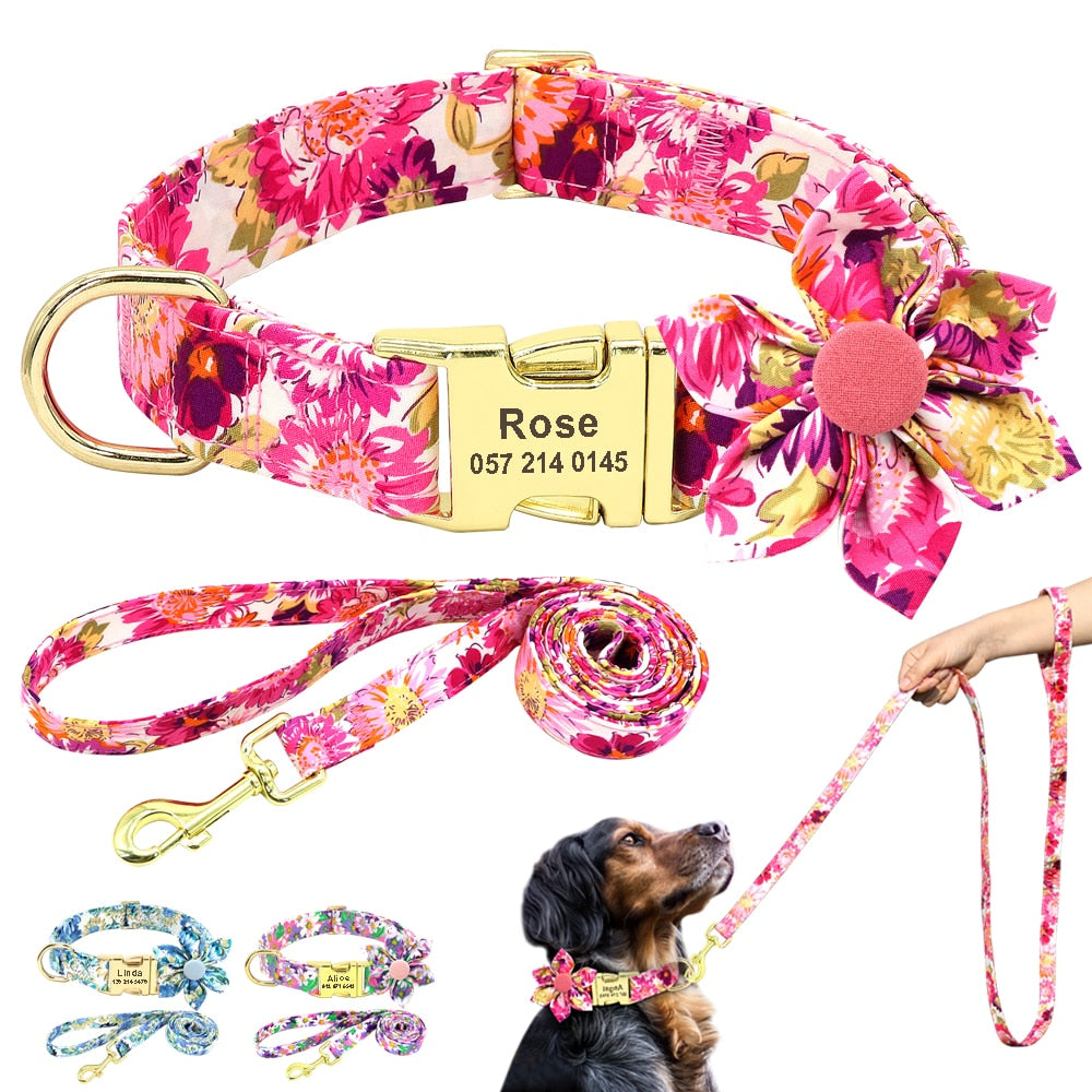 Personalized flower Dog Collar and Leash Set, for small to Large breeds