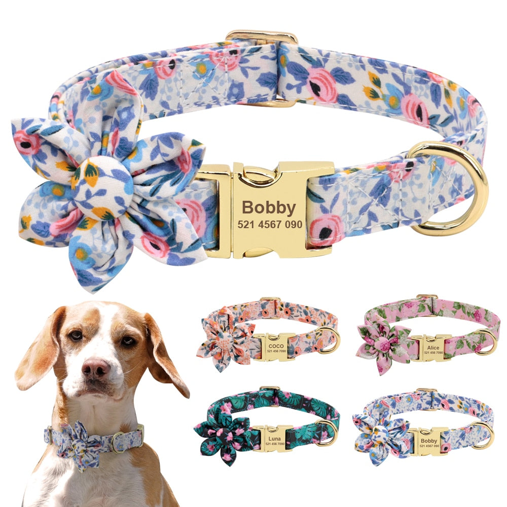 Personalized flower dog collar,with custom engraveing,for small to large breeds