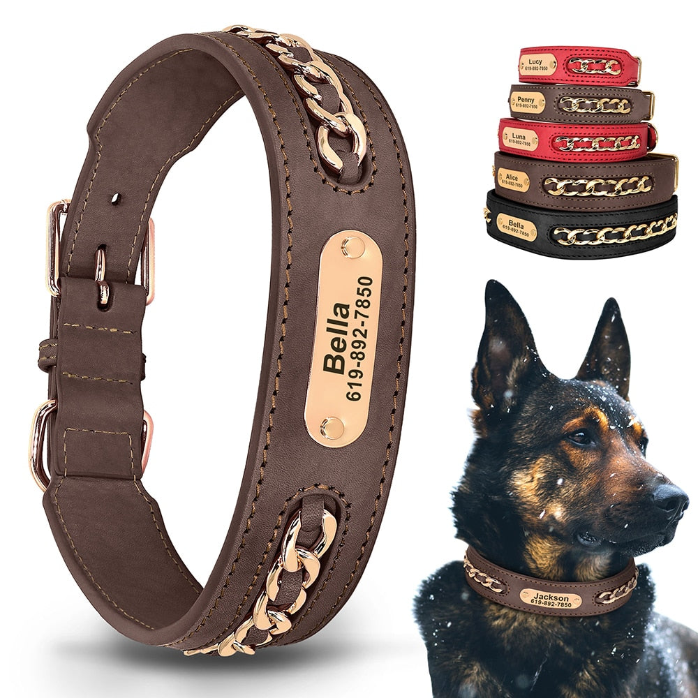 Custom Leather Dog Collar, Personalized ID Tag Nameplate, For Small, Medium and Large Dogs